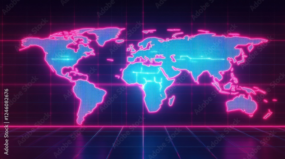 Aufkleber digital representation of the world map outlined in neon blue and pink, set against a grid backgroun