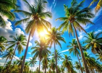 Obraz premium Vibrant blue sky, palm trees, deep focus: idyllic tropical paradise wallpaper.