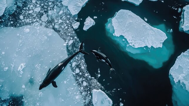 Orcas gracefully navigating icy waters, a breathtaking aerial view of arctic life