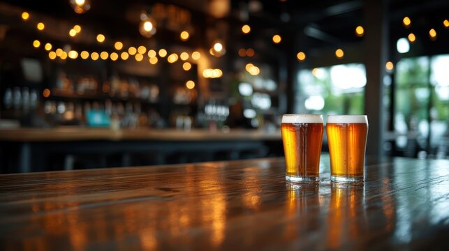 A rustic wooden table displays two refreshing beers, perfectly chilled under soft lighting, evoking a warm, inviting atmosphere ideal for social gatherings and relaxing moments.