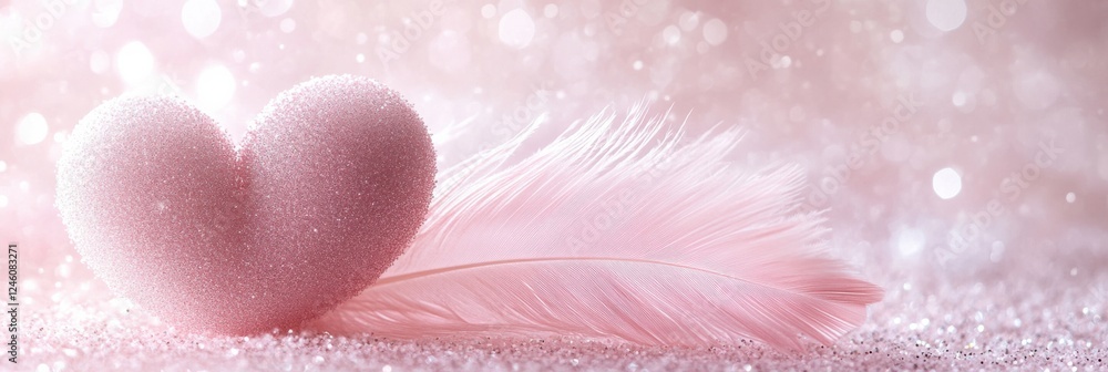 Poster heart-shaped object and feather on sparkling surface conveying softness and romance