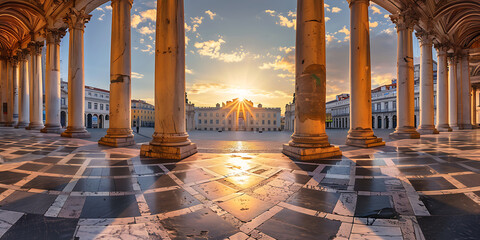 Fototapeta premium Sunset Illuminating Classical Pillars in an Elegant Courtyard 