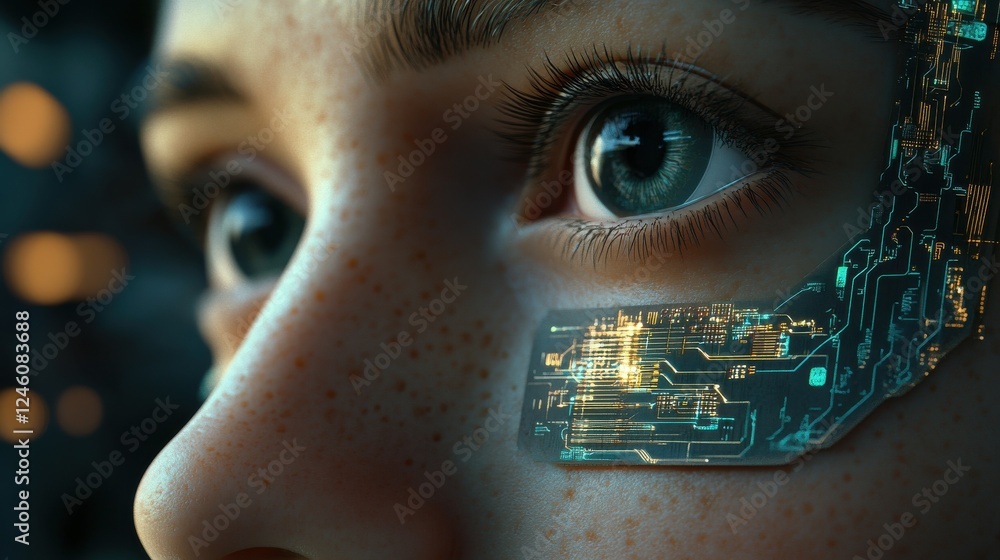 Poster human face with digital circuits, concept of artificial intelligence and human computer integration