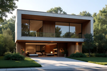 Fototapeta premium Modern Two Story House with Open Garage Wood Siding and Large Windows in Wooded Area