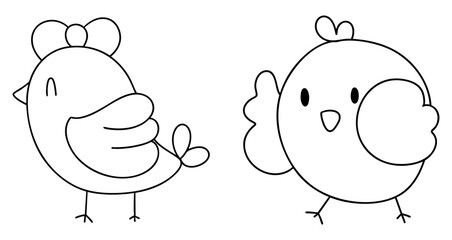 Springtime outline illustration, Cute cartoon birds with simple outlines and playful expressions