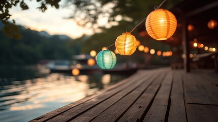 A serene view of glowing lanterns strung above a tranquil water surface during dusk, evoking warmth and peacefulness in a beautiful outdoor setting.