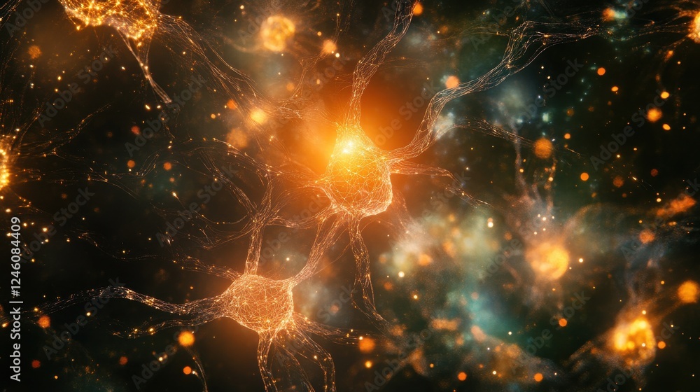 Poster glowing neural connections network in abstract digital space. generative ai