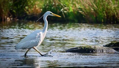 Fototapeta premium Majestic White Heron Wading through a Riverbank, Pursuing Fish with Poise and Grace in an Evocative Sunlit Scene