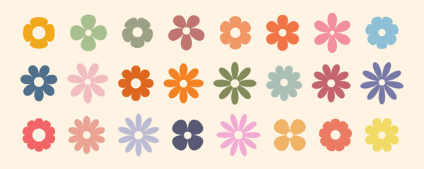 Groovy simple flowers set. Collection of abstract flowers in minimalistic style. Geometric flower set. Abstract minimal daisy elements. Brutalist design. 