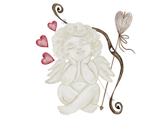 Watercolor cherub angel cupid. Hand drawn little baby boy on the cloud in pastel colors on a white background. Clip art religious. Perfect for Valentine's Day and Christening cards and posters. High