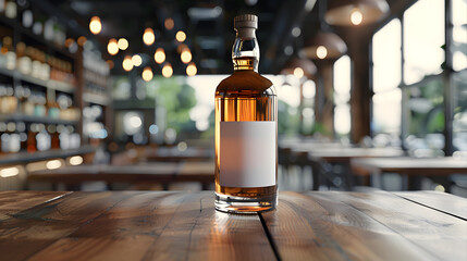 mockup transparent whiskey bottle on wooden table, bottle with blank white label, cafe table background with slight blur