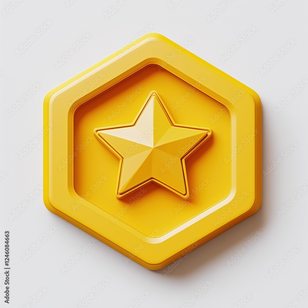 Poster bright yellow 3d star icon set within a hexagonal frame on a clean white background.