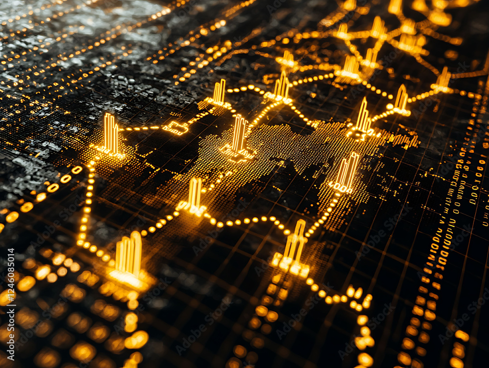 Poster abstract glowing world map with dynamic data visualization. ideal for illustrating global connectivi