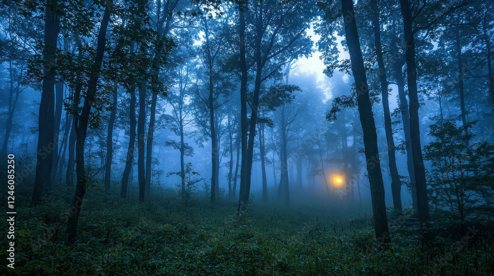 Aufkleber dense foggy forest at twilight with towering trees illuminated by a soft glowing light