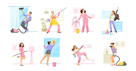 Fototapeta premium Cheerful people cleaning homes while dancing, using mops, vacuums, and dusters. Bright colors, white background. Cleaning joy concept. Vector illustration.
