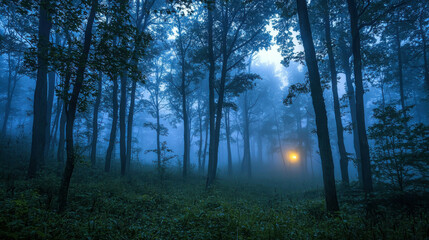 Obraz premium Dense Foggy Forest at Twilight with Towering Trees Illuminated by a Soft Glowing Light