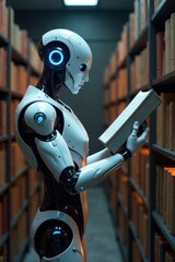 Fototapeta premium A futuristic android meticulously examines a tome in a dimly lit archive, its advanced mechanics subtly gleaming
