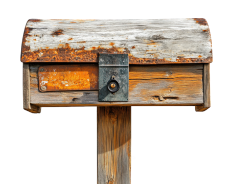 Rustic wooden mailbox with weathered look, showcasing its aged charm and rustic appeal. Perfect for adding character to any outdoor space