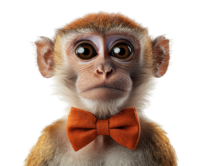 monkey wearing orange bow tie, posing like gentleman with serious expression. This charming animal captures attention with its unique style and demeanor