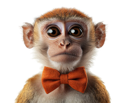 monkey wearing orange bow tie, posing like gentleman with serious expression. This charming animal captures attention with its unique style and demeanor