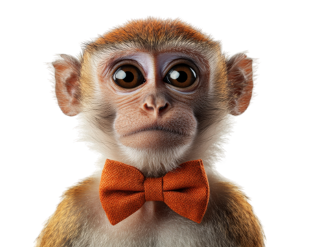 monkey wearing orange bow tie, posing like gentleman with serious expression. This charming animal captures attention with its unique style and demeanor