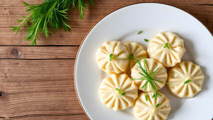 Delicious pelmeni with green onion and dill on wooden table, top view. Generative AI
