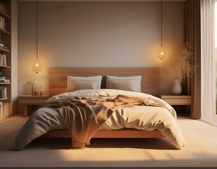A trendy bedroom with soft linen sheets, warm lighting, and an aesthetic bedside table, creating a cozy and stylish atmosphere for relaxation and comfort.