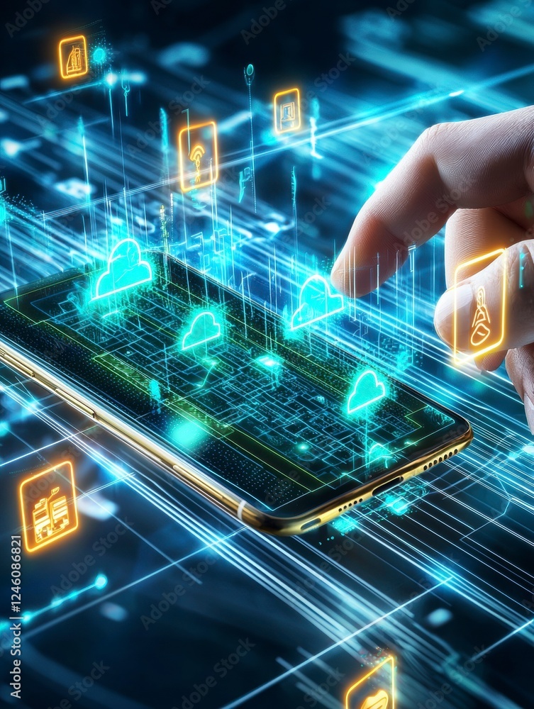 Aufkleber innovative digital interaction cloud technology smartphone interface futuristic environment close-up