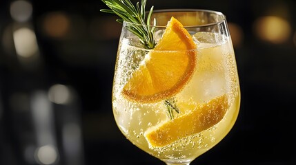 A glass of sparkling winter sangria, filled with St Germain soaked fruit, bubbles of prosecco, and garnished with a slice of orange and a sprig of rosemary