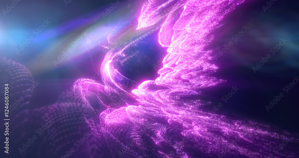 Poster abstract purple stream of light with digital textures, creating a dynamic energy effect in a dark sp