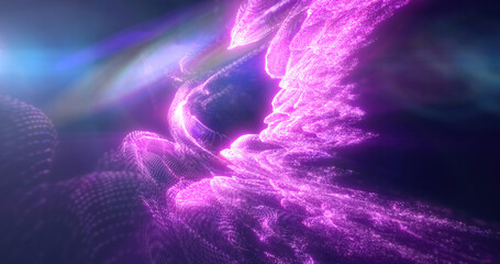 Abstract purple stream of light with digital textures, creating a dynamic energy effect in a dark space