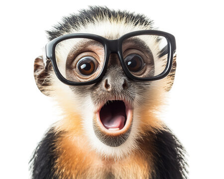 silly monkey wearing oversized glasses, expressing surprise and joy. This playful image captures fun and quirky nature of animals