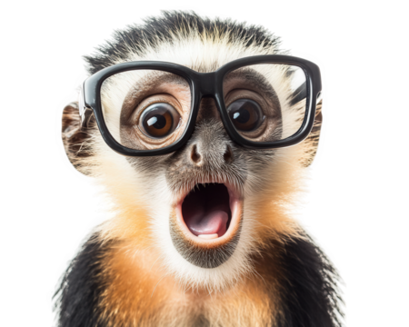 silly monkey wearing oversized glasses, expressing surprise and joy. This playful image captures fun and quirky nature of animals