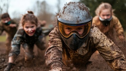 A captivating scene of children energetically racing through mud with determination and joy, encapsulating the spirit of play and the thrill of nature-filled adventures.
