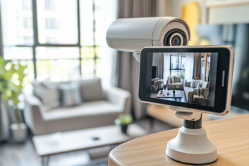 A modern security camera with a smartphone displaying a living room interior.