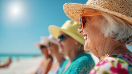 A group of joyful older women wearing stylish hats and sunglasses relax at the beach, highlighting their close friendship and appreciation for sunny days by the ocean.