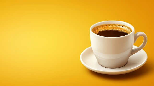 Invigorating morning coffee,  steaming cup of joe on bright yellow background.
