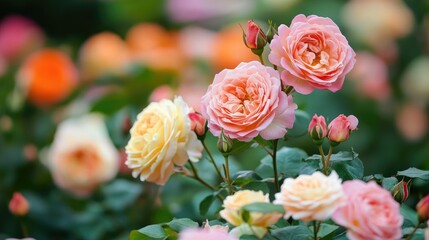 A classic English garden rose wallpaper, showcasing clusters of multi-colored roses in full bloom.