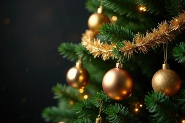 Fototapeta premium Golden Christmas ornaments on a garland wrapped around a festive evergreen tree, garland, winter wonderland, holiday decorations