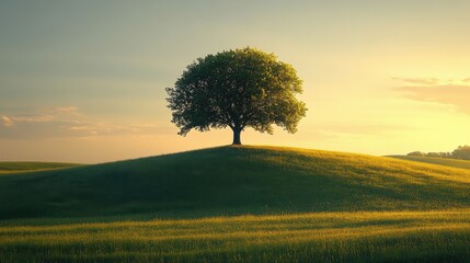 Fototapeta premium a minimalist landscape featuring a lone tree on a hill bathed in golden light