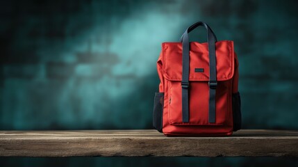 A bright red backpack resting on a rustic wooden surface, conveying a sense of adventure and practicality, appealing to active lifestyles and outdoor enthusiasts.