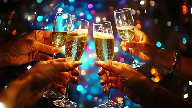 Celebratory toast with sparkling champagne against vibrant bokeh lights