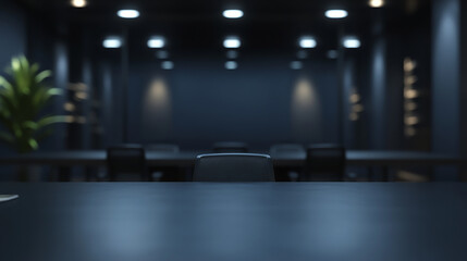 Modern office workspace with vibrant lighting and plants during twilight hours Photo modern style interior room 