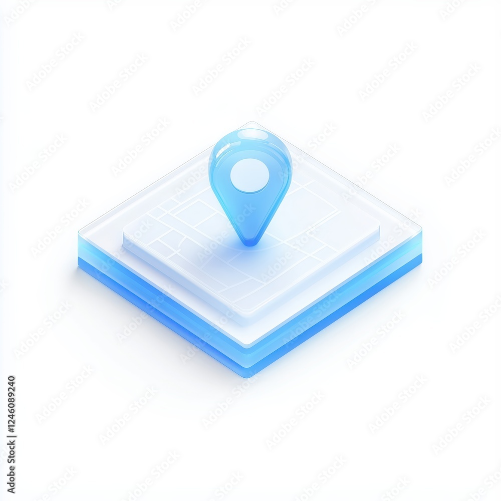 Poster abstract 3d icon of a blue map pin over a layered translucent platform on a white background.