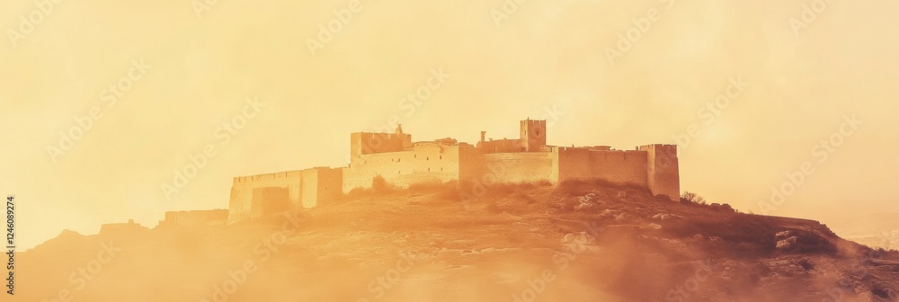 Poster ancient castle perched on a hilltop with soft hues creating a serene atmosphere suitable for tranqui