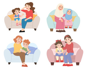 Illustration set of family conversation on the sofa
