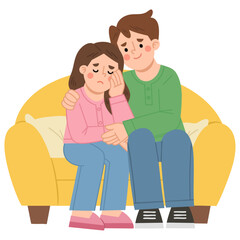 Illustration of couple providing comfort on sofa