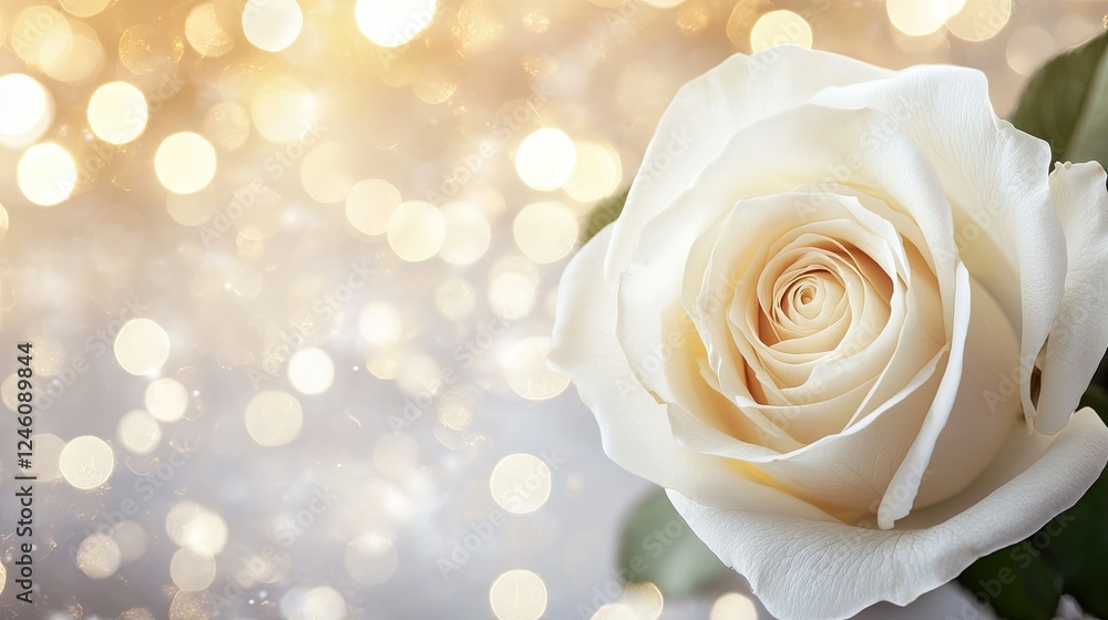 Poster a close-up of a single white rose with bokeh lights in the background, creating an elegant scene wit