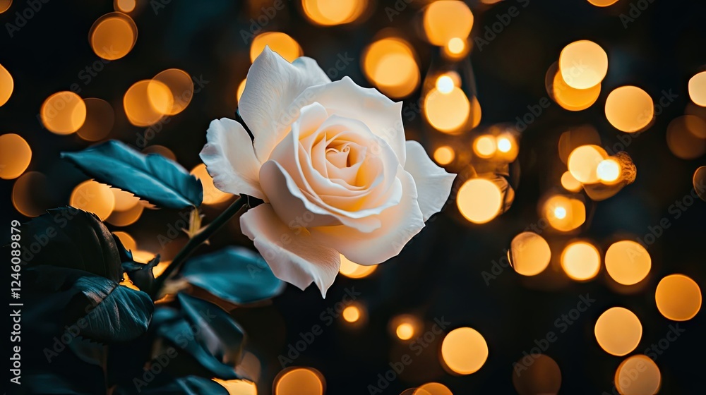 Poster a close-up of a single white rose with bokeh lights in the background, creating an elegant scene wit
