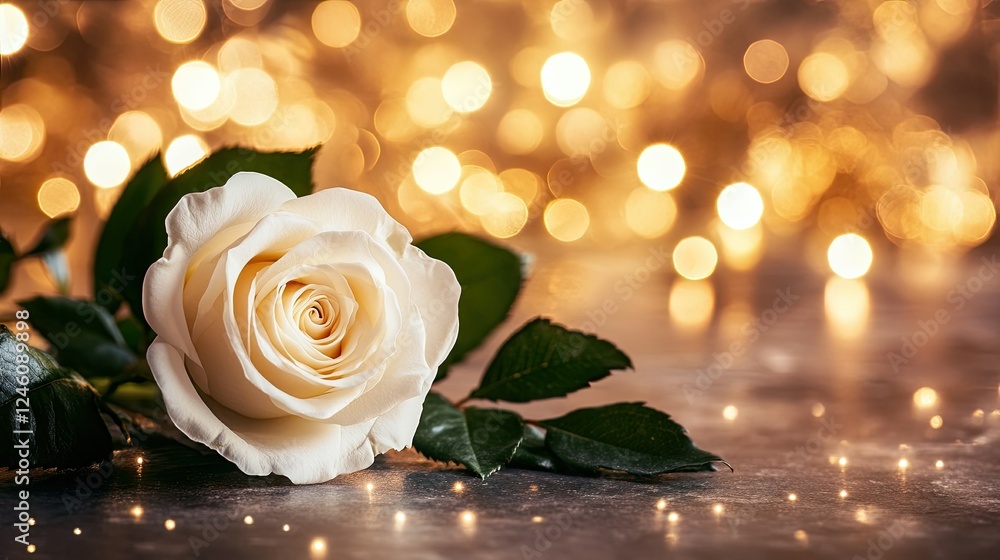 Poster a close-up of a single white rose with bokeh lights in the background, creating an elegant scene wit
